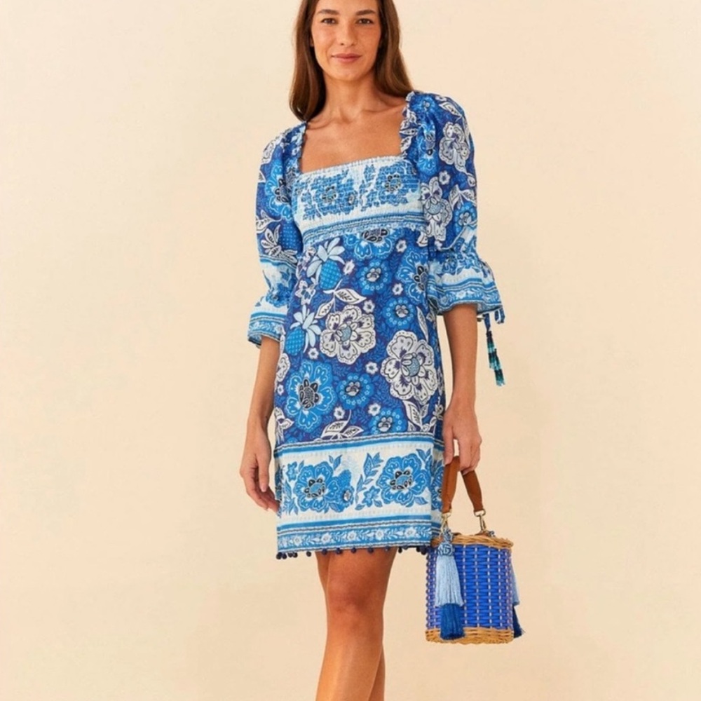 NWT FARM RIO - Full Of Flowers cotton short dress - Blue - Size Small